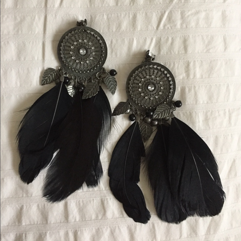 Chic Black Feather and Silver Earrings